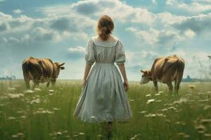 Milkmaid woman bucket cows. Generate Ai photo