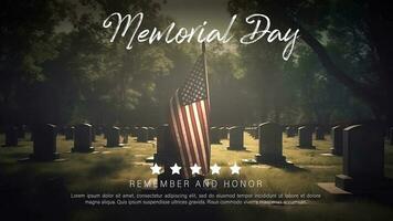 Memorial Day Poster Banner with US Army in Military Cemetery. Remember and Honor Poster. Usa memorial day celebration. American national holiday. Generative ai photo. photo