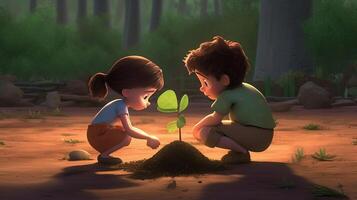 Arbor day banner. Illustration of two kids planting a small tree in nature for the environment. photo