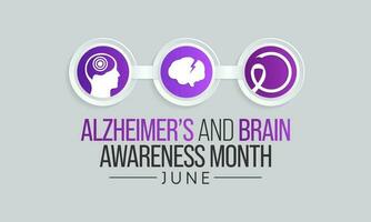 Alzheimer's and Brain awareness month is observed every year in June. it is an irreversible, progressive brain disorder that slowly destroys memory and thinking skills. Vector illustration