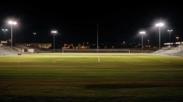 universal grass stadium illuminated by spotlights and empty green grass playground photo