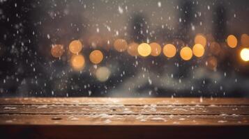 Empty Wooden table blurred background photo