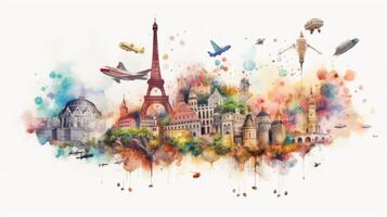 Travel around the world, watercolor, white background scene photo