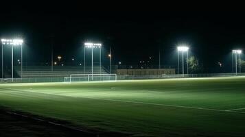 universal grass stadium illuminated by spotlights and empty green grass playground photo