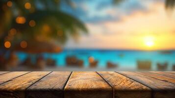 wood table with blur bokeh light sea and sky at beach Summer the hottest season photo