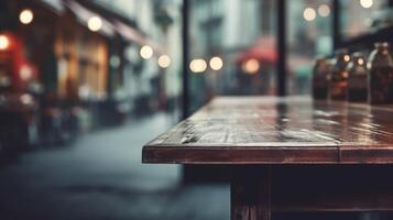 Empty Wooden table blurred background photo