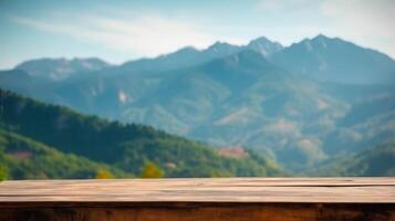 Empty Wooden table blurred background photo