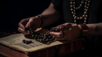 person holding rosary and religious book Eid al Adha the Feast of Sacrifice photo