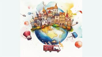 Travel around the world, watercolor, white background scene photo