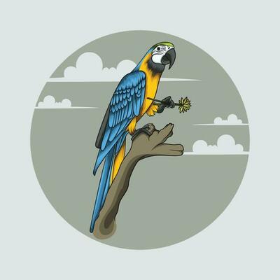 parrot on a branch holding flowers