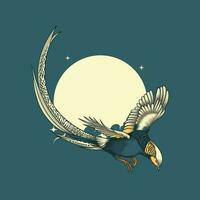 golden pheasant fly with the moon background at night vector