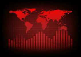 Red arrow graph drop arrow down with world map on red background. Money losing. Stock crisis and finance concept. vector