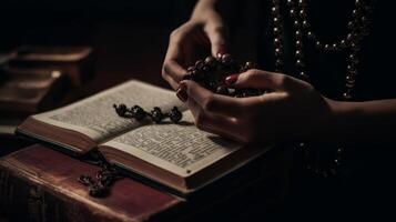 person holding rosary and religious book Eid al Adha the Feast of Sacrifice photo