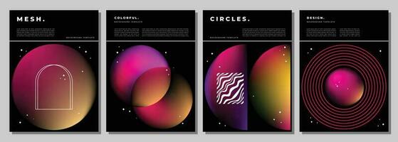 Colorful gradient mesh circle with dark background design template copy space set. Dark space themed backdrop design for poster, banner, leaflet, flyer, brochure, or pamphlet. vector