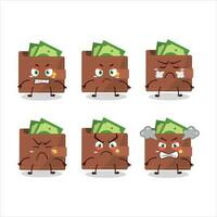 marrón billetera dibujos animados personaje con varios enojado expresiones vector