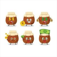 Brown honey jar cartoon character with cute emoticon bring money vector