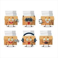 Office boxes with paper cartoon character are playing games with various cute emoticons vector