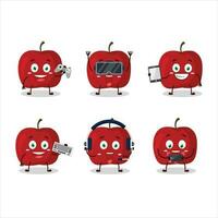 Red apple cartoon character are playing games with various cute emoticons vector