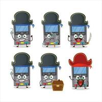 Cartoon character of grey payment terminal with various pirates emoticons vector