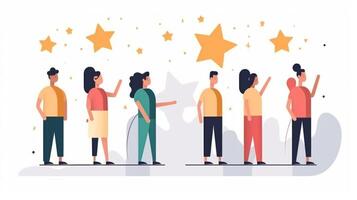 Customer feedback with people giving star ratings. Clients choose satisfaction ratings or evaluations for products or services. User experience or client satisfaction photo