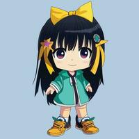 linda dibujos animados anime niña con negro pelo vector