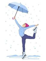 Ice skating girl with umbrella dancing in the snow. Figure skating. Realistic vector drawing.