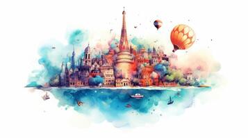 Travel around the world, watercolor, white background scene photo