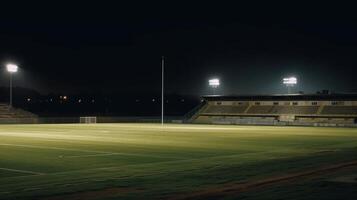 universal grass stadium illuminated by spotlights and empty green grass playground photo