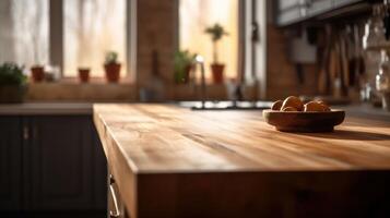 Empty Wooden table blurred background photo