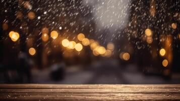 Empty Wooden table blurred background photo