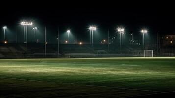 universal césped estadio iluminado por focos y vacío verde césped patio de recreo generativo ai foto