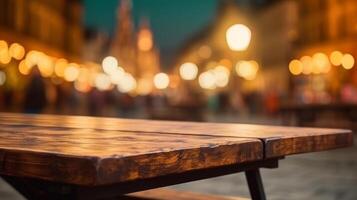 Empty Wooden table blurred background photo