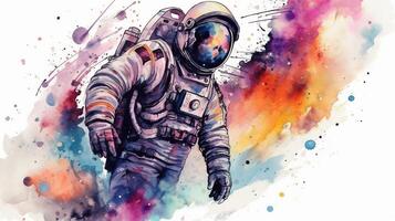 astronaut and universe planets watercolor white background photo