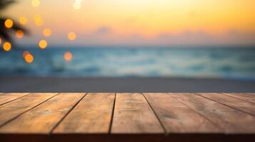 wood table with blur bokeh light sea and sky at beach Summer the hottest season photo