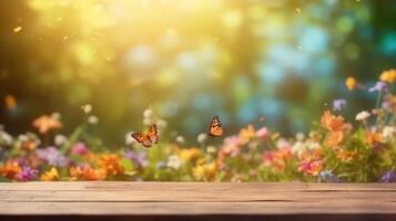 Empty Wooden table blurred background photo