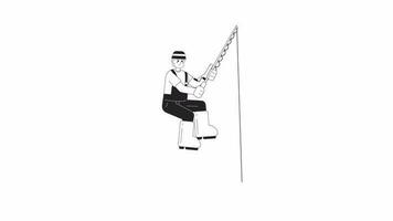 Animated bw fisherman with rod. Recreation outdoors. Youth fishing isolated 2D animation. Cartoon monochrome thin line character 4K video footage, alpha channel transparency for web design