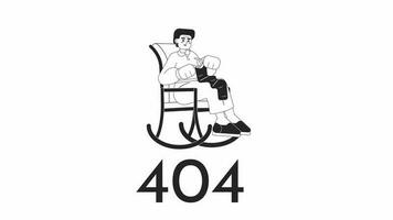 abuelita tejido de punto bw 404 animación. animado abuela en balanceo silla. vacío estado 4k vídeo concepto imágenes, alfa canal transparencia. monocromo error destello mensaje para web ui diseño video