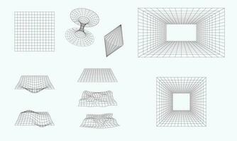 3D geometry wireframe shapes and grids on white background. Retro futuristic design elements. Cyberpunk elements in trendy psychedelic rave style vector