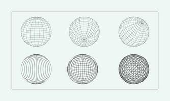 3D Wireframe sphere collection. globe or ball in circle net wire. Retro futuristic aesthetic. geometry wireframe shapes grid. cyberpunk elements in trendy psychedelic rave style vector