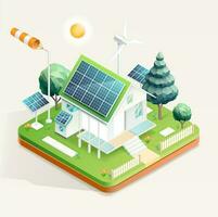 Smart home with solar panels. Isometric vector illustration