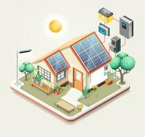 Smart home with solar panels. Isometric vector illustration