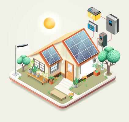 Smart home with solar panels. Isometric vector illustration