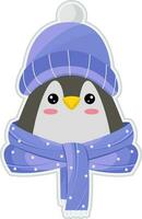 Sticker Style Cute Penguin In Hat with Scarf Icon. vector