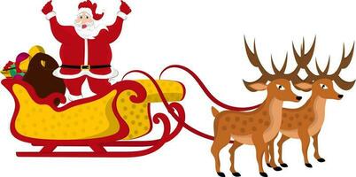 Cheering Santa Claus In Sleigh And Gift Bag Flat Element. vector