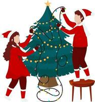 joven niños decorado Navidad árbol por Encendiendo guirnalda, alegre Navidad celebracion concepto. vector