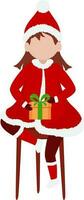 Faceless Girl Holding Gift Box In Santa Costume Sitting on a Stool. vector