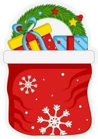 Isolated Sticker Style Christmas Bag With Full Of Gift Ornament Icon. vector