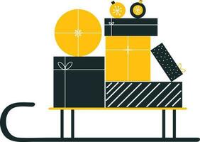 Navidad chuchería con regalo caja en trineo icono en amarillo y azul color. vector