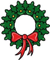 Isolated Decorative Christmas Wreath Icon With Bow Ribbon In Flat Style. vector