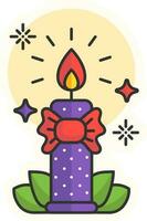 Isolated Beautiful Decorative Candle With Bow Ribbon And Leaves Icon In Sticker Style. vector